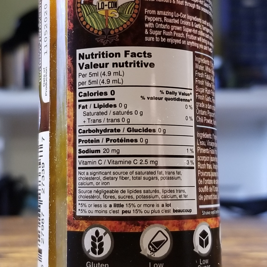 The nutritional label on a bottle of Hurt Berry Farms Fruition hot sauce