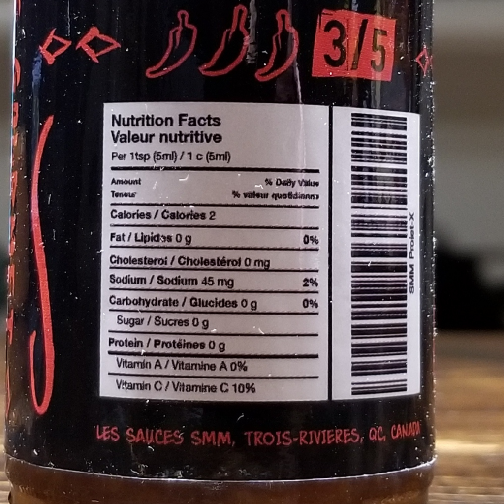 The nutritional label on a bottle of Projet XXX by Les Sauce SMM