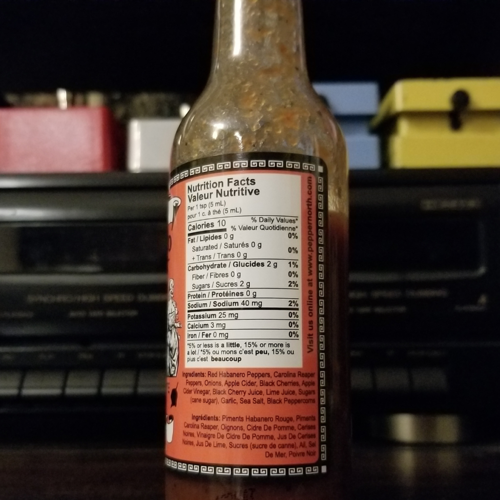 Nutrional label on a bottle of Momento De Muerte