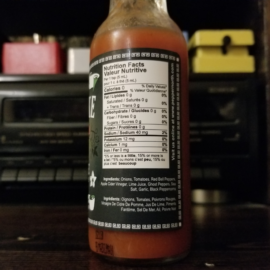 The nutritional label on a bottle of No Joke from Pepper North