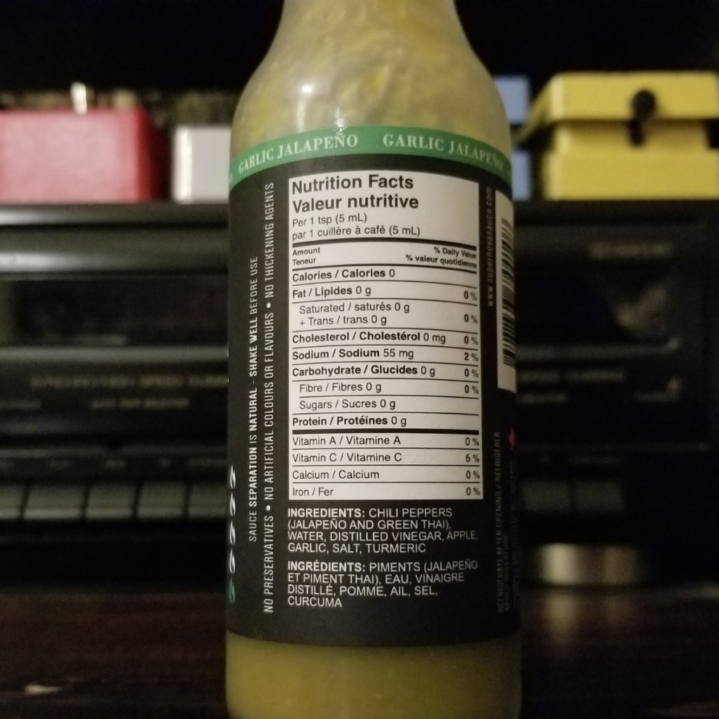 The nutritional label on Supernova Garlic Jalapeño Hot Sauce