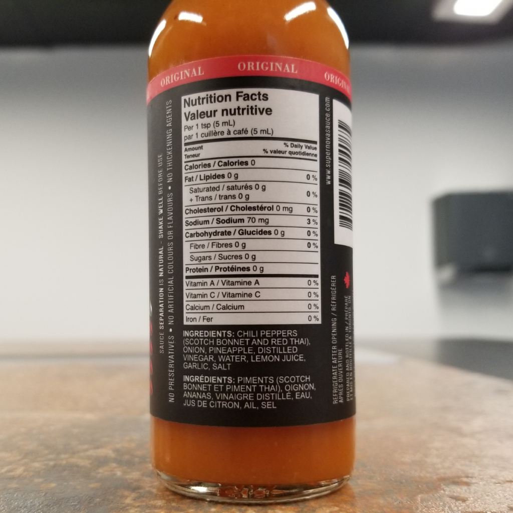 The nutritional label on a bottle of Supernova Original Hot sauce
