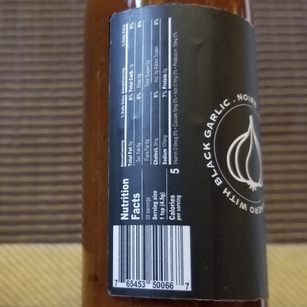 The nutritional label on a bottle of Chocolate Habanero and Black Garlic hot sauce