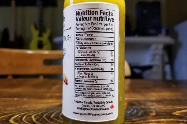 The nutritional label on a bottle of Spice of Life's Made From Scotch