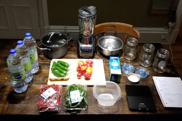 Tools and ingredients used to ferment hot peppers