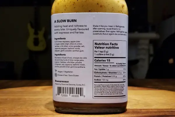 The nutritional info on a bottle of Coffee Hot Sauce