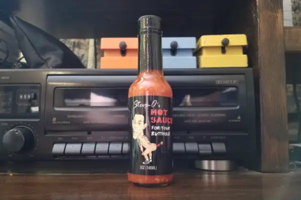 A bottle of Steve-Os Hot Sauce For Your Butthole