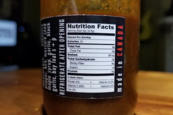The Nutirtional label of Black Garlic Hottie hot sauce
