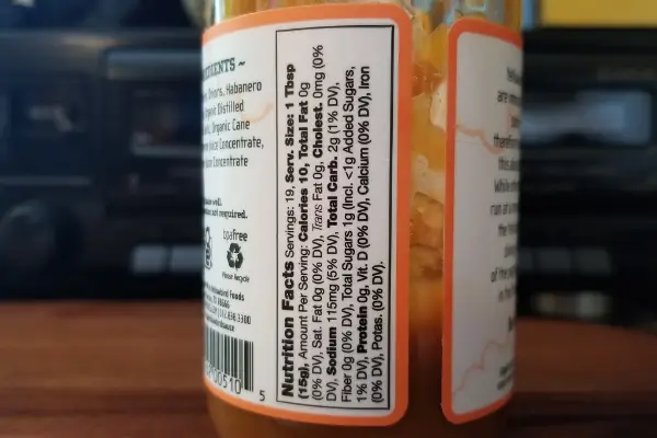 The nutritional label on Habanero Condiment