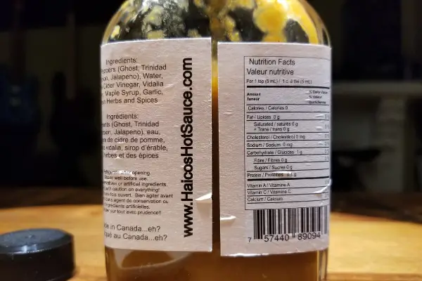 The nutritional label on a bottle of Scorpion Kiss from Haico's Hot Sauce