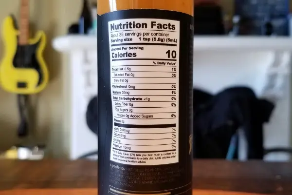 The nutritional label on a bottle of Heartbeat Lion's Mane Piri Piri sauce 