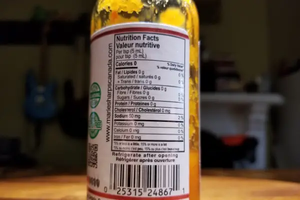 The nutritional label on a bottle of Marie Sharps Original Hot Habanero