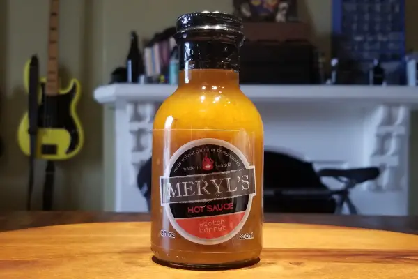 A bottle of Meryl's Scotch Bonnet hot sauce