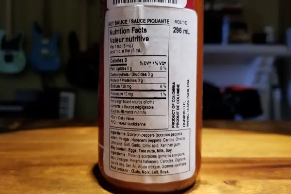 The nutritional label on a bottle of Melinda's Scorpion Pepper Sauce