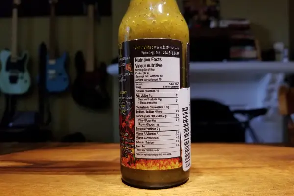The nutritional label on a bottle of Tangy from Tasty Heat