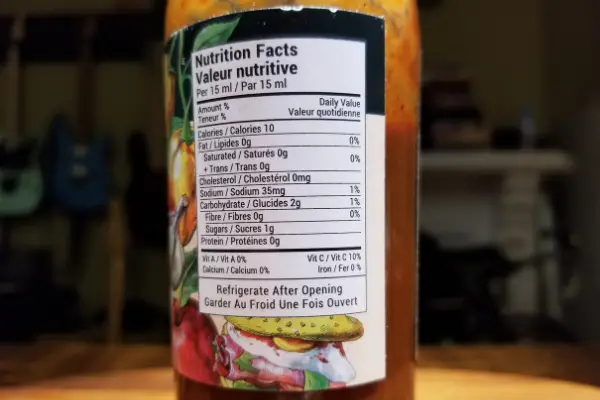 Nutritional label on a bottle of Rootham's red crimson Hot Sauce