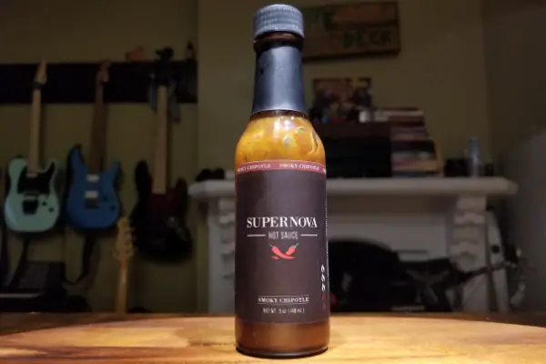 A bottle of Smoky Chipotle hot sauce by Supernova