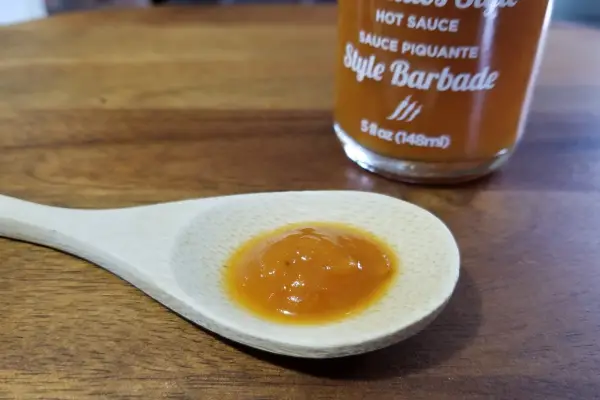 Marks Barbados Style Hot Sauce on a spoon to show texture