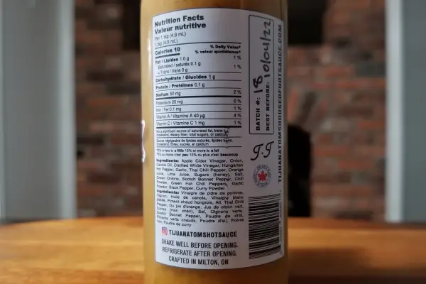 The nutritional info on a bottle of Garlic Lovers hot sauce