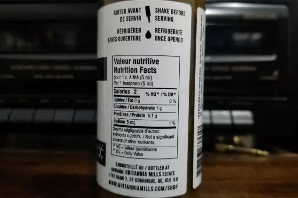 Nutritional Info on a bottle of Chaude Boucane by Britannia Mills