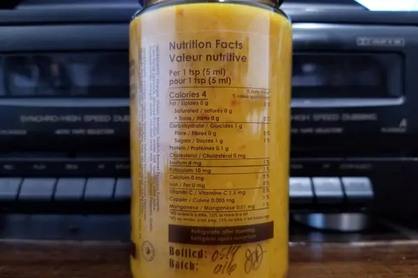 The nutritional label on a bottle of Bajan Tyga