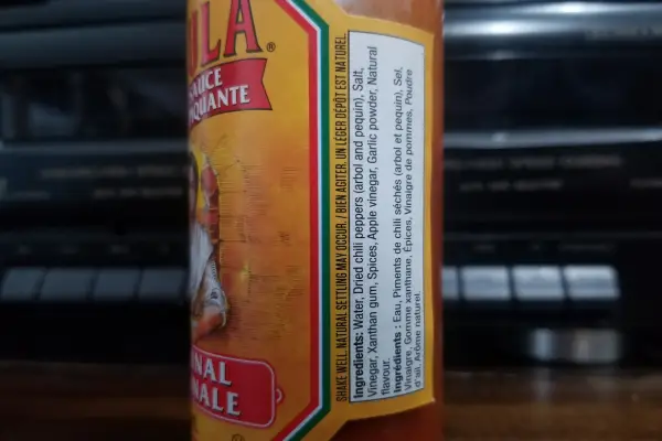 The ingredients label of a bottle of Cholula Brand Original Hot Sauce