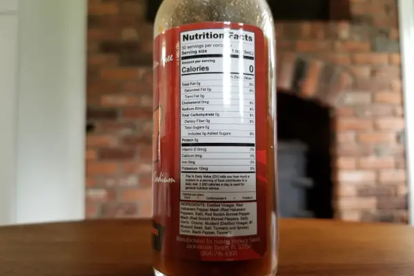 The nutiritonal label on a bottle of Howler Monkey Hot sace