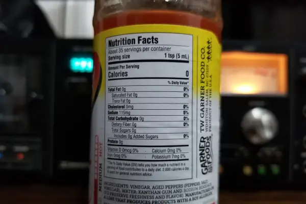 The nutritional label on a bottle of Texas Pete 