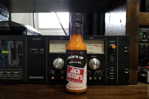 A bottle of Jack'd Up Habanero by Dawson's Hot Sauce and Jack Astors Bar and Grill