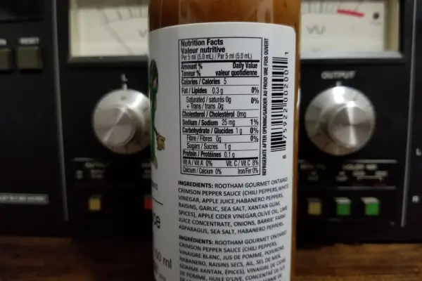 The nutritional info on a bottle of Barries Asparagus Hot Sauce
