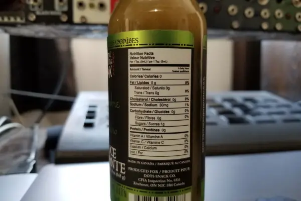 The nutritional label on a bottle of Cucumber Habanero hot sauce