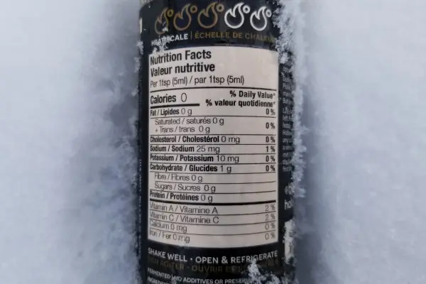 the nutritional label on a bottle of Spicy Pickle by Halo Heats hot sauce