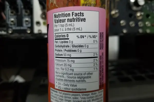The nutritional info on a bottle of Xtra Tingly Sauce
