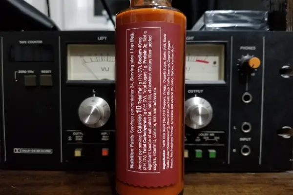 The nutritional label on a bottle of Truff Hotter Sauce