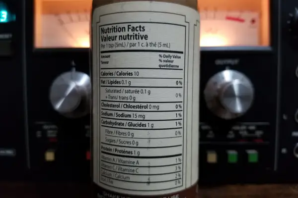The nutritional label on a bottle of Dawson's Cremini Habanero Hot Sauce