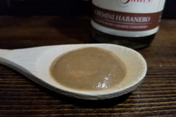 Dawson's Cremini Habanero hot sauce on a spoon to show texture