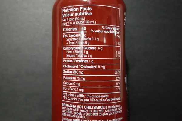 The nutritional label on a bottle of Flying Goose Brand Sriracha Sauce