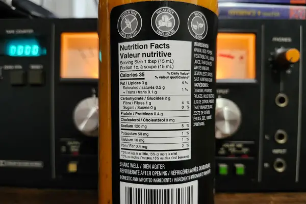 The nutritional info on a bottle of Piri Piri Sauce by Four Fathers