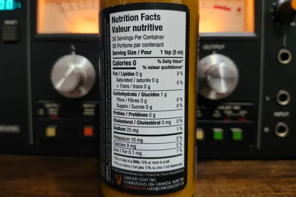 The nutritional info on a bottle of Ginger Goat The Original Goat Hot sauce.