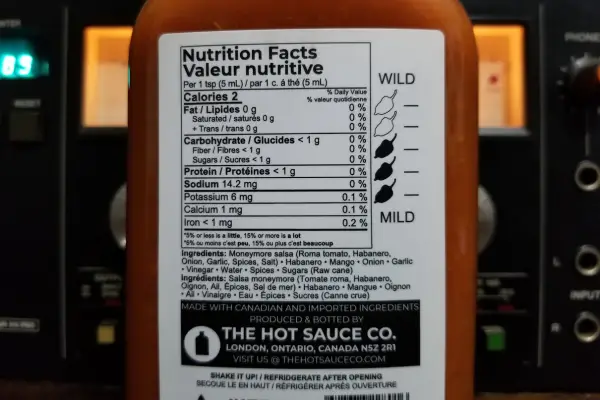 The nutritional label on a bottle of Habanero & Mango sauce from The Hot Sauce Co.