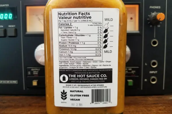The nutritional label on a bottle of Habanero & Herbs by The Hot Sauce Co.