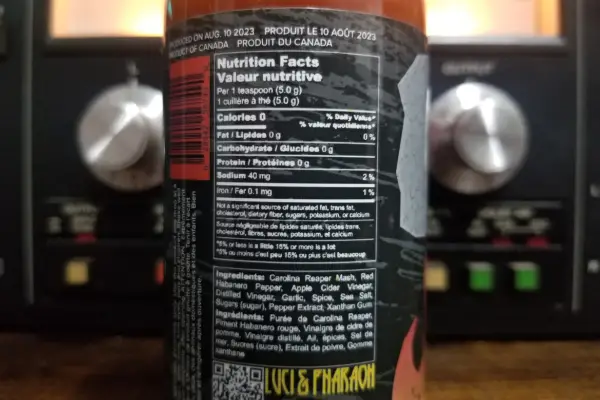 The nutritional label on a bottle of Northern Reaper hot sauce
