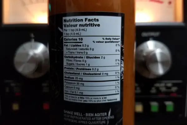 The nutritional label on a bottle of Sweet Carolina Reaper by Villain Sauce Co.