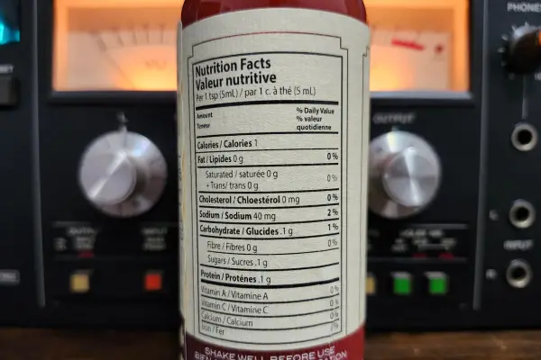 The nutritional info on a bottle of Dawson's Reaper Mayhem hot sauce.