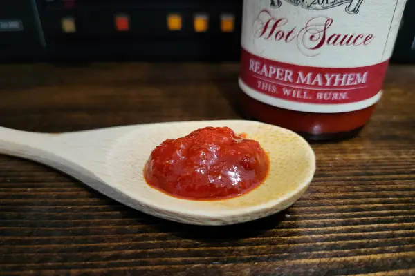 Dawson's Reaper Mayhem Hot Sauce on a spoon to show texture