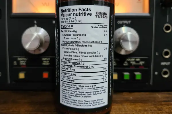 The nutritional info on a bottle of Creeper Reaper by JR's Hot Sauce