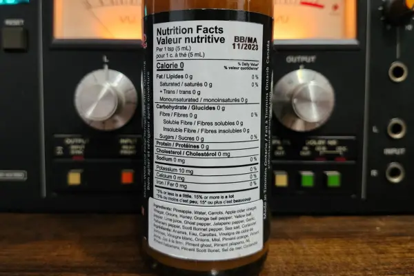 The nutritional info on a bottle of JR's Hot Sauce Pineapple Heat Stress