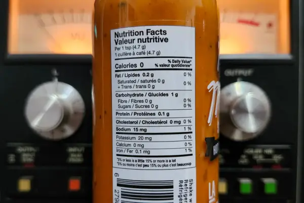 The nutritional panel on a bottle of La Roja hot sauce by Matute Sauce Co.