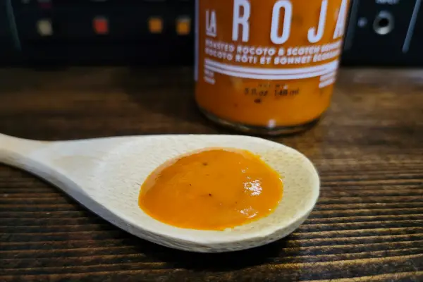 La Roja hot sauce by Matute Sauce Co. on a spoon to show texture