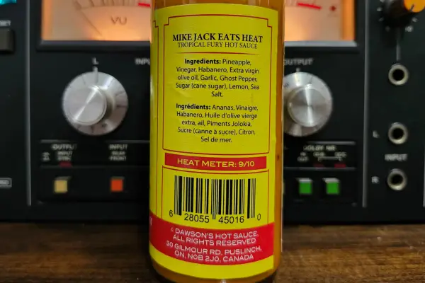 The info panel on a bottle of Tropical Fury hot sauce
